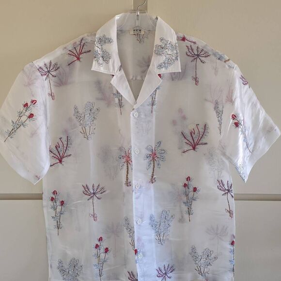 NKM Holdings Unisex Sheer White Organza Embroidered Hawaiian Shirt, NWOT, XL - Picture 2 of 9